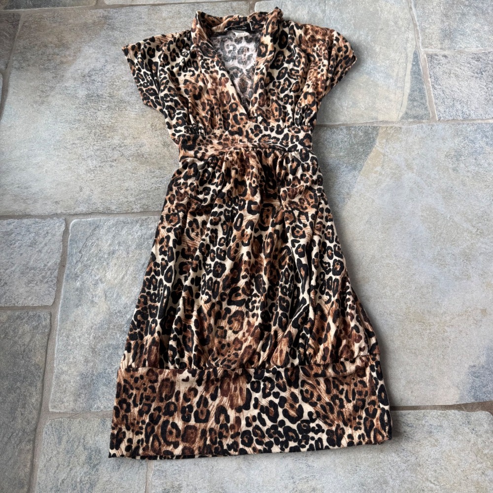 Y2K Chesley Leopard Print Bubble Dress M Plunge Neck Stretch Tie Back Party Mini